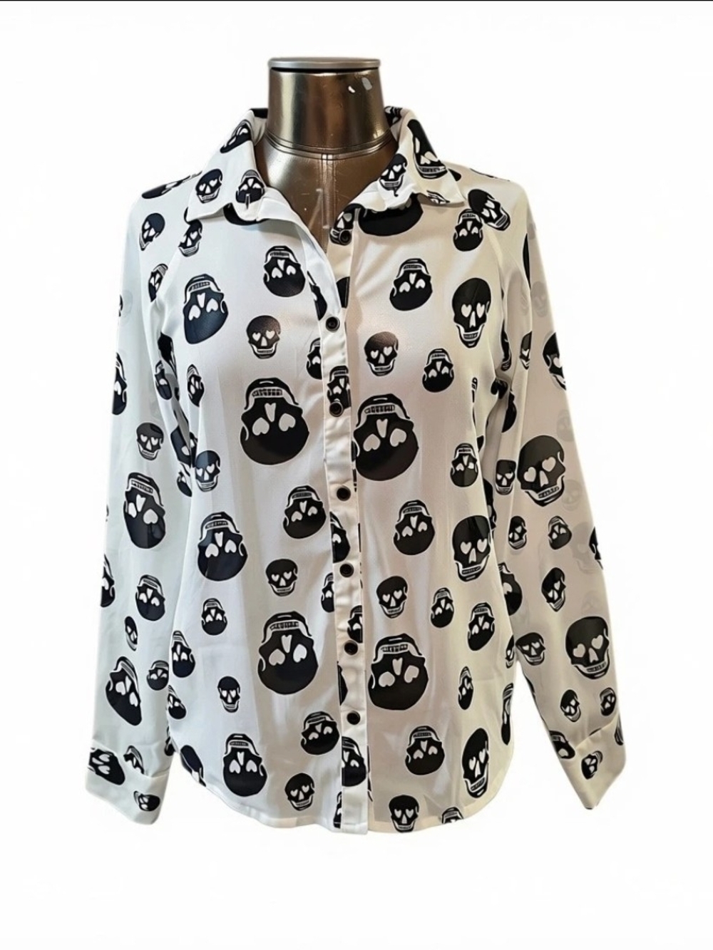 Fun & Flirt Black and White Skull Print Button-Up Blouse